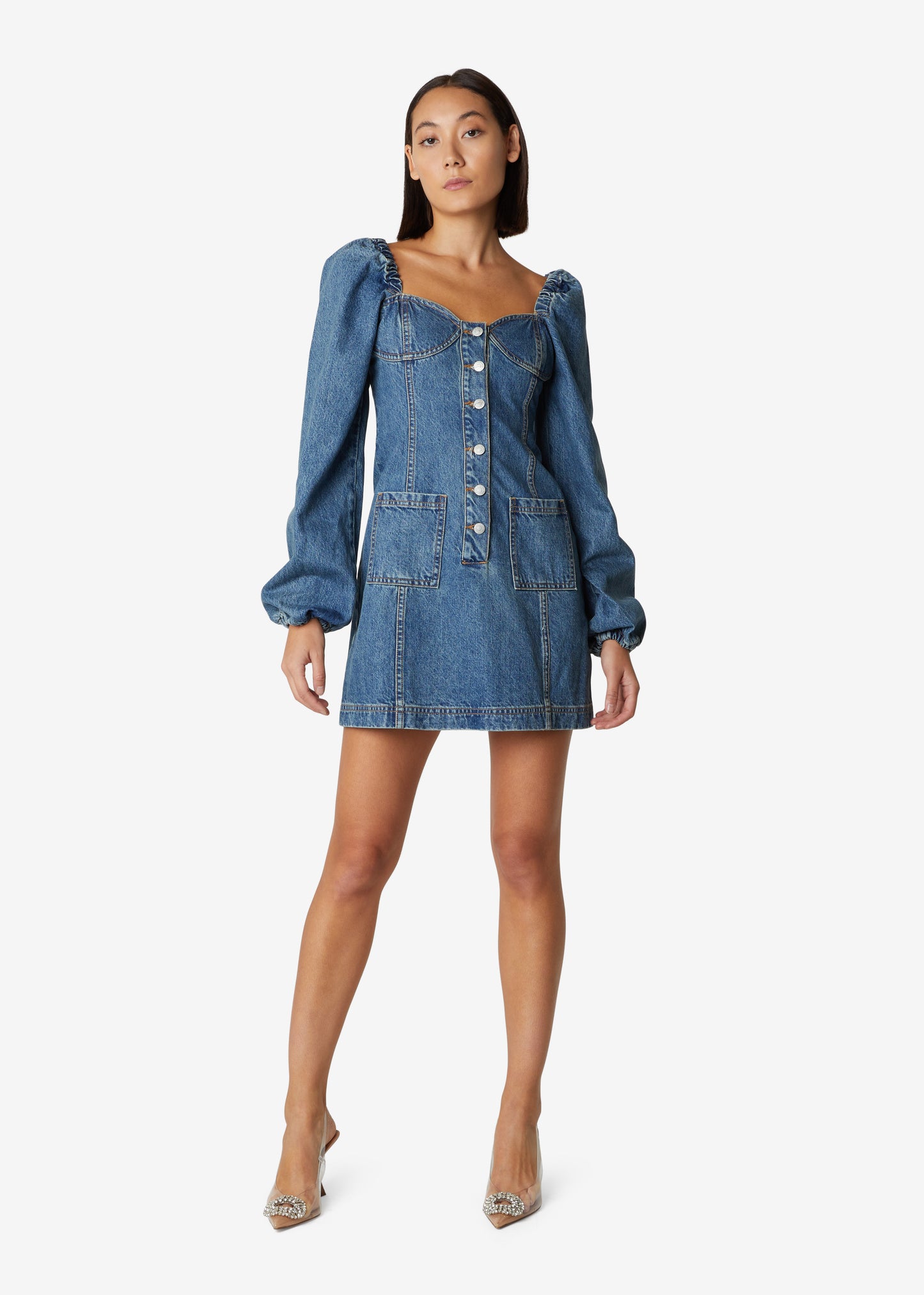 Puff Sleeves Denim Skirt